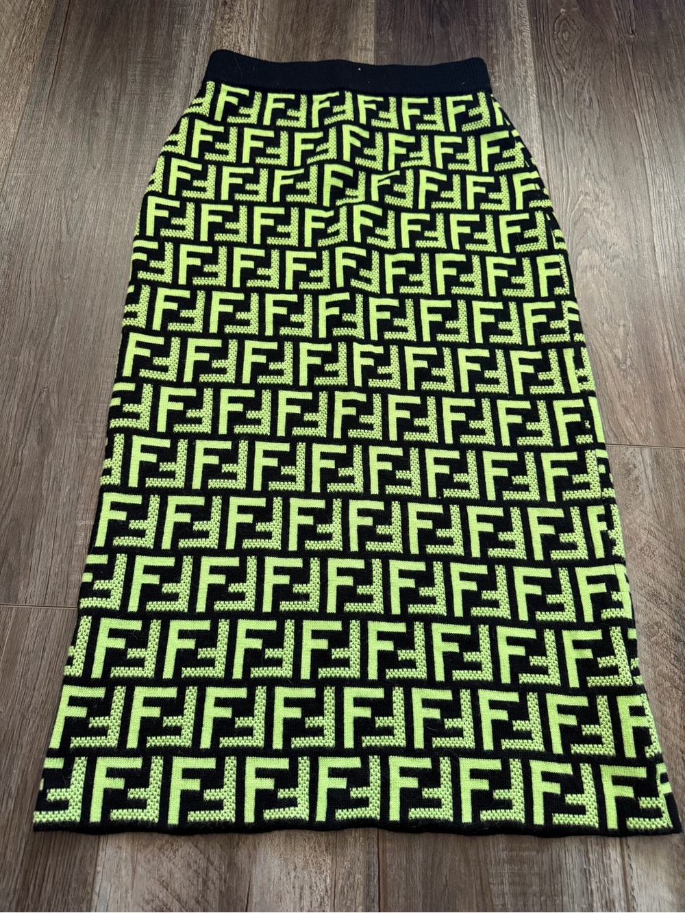 Fendi Black and Neon Green FF Jacquard Midi Skirt